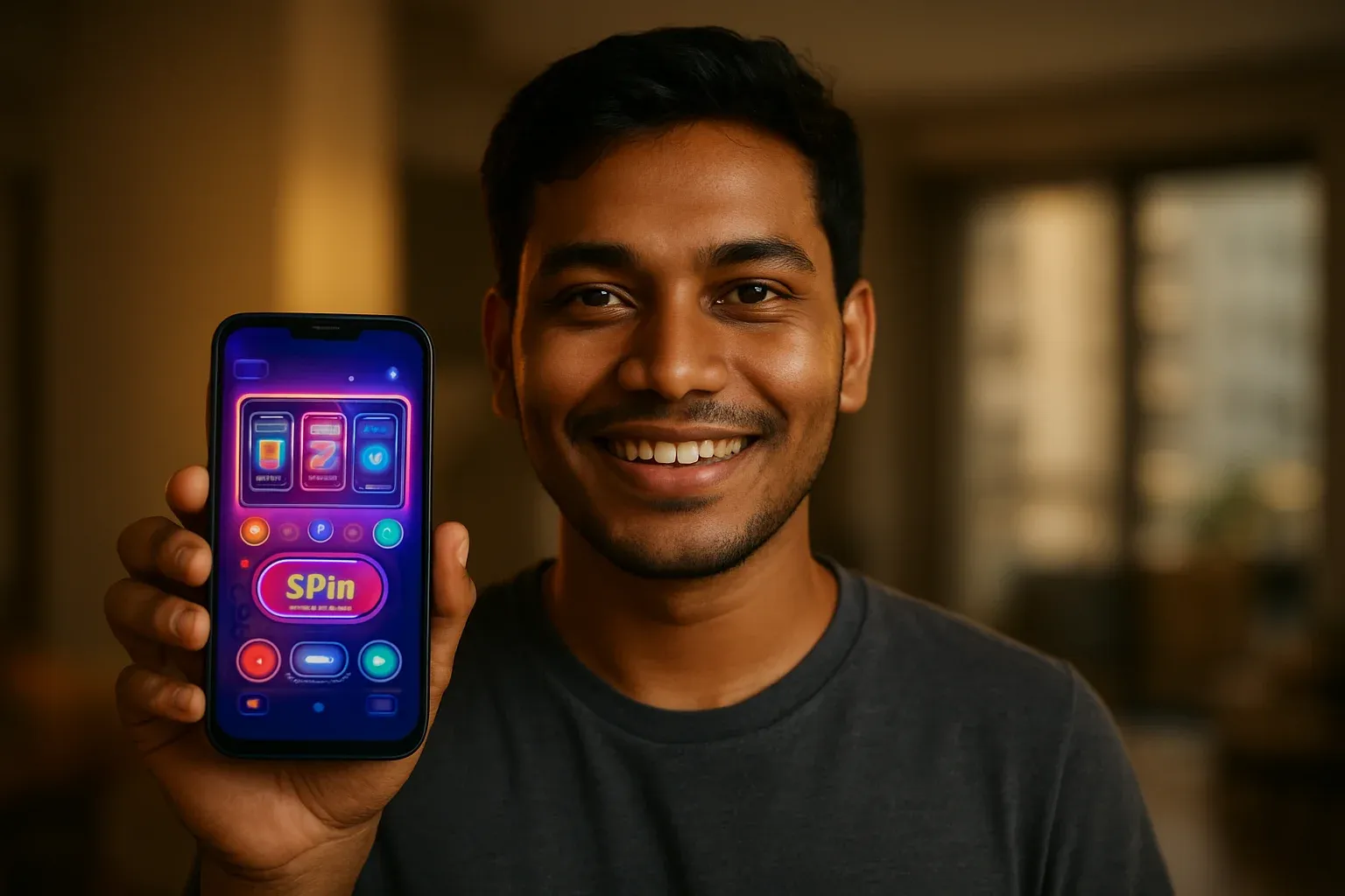 Young Bangladeshi man holding smartphone showing colorful mobile casino app interface