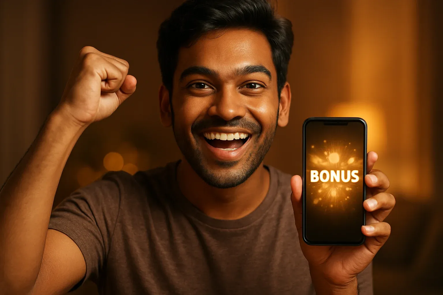 Joyful Bangladeshi man holding smartphone with glowing bonus notification screen