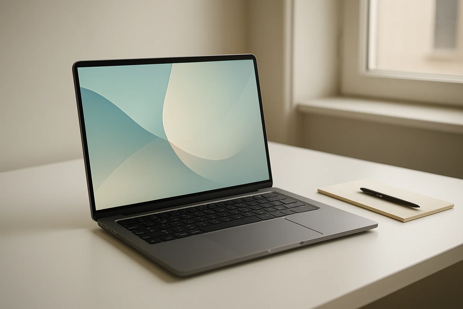 Modern laptop on white desk with abstract glowing screen and notepad