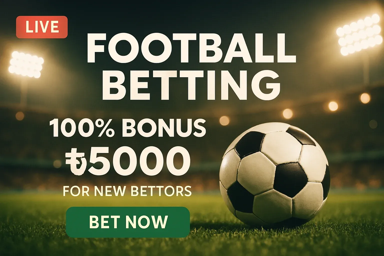 Football betting banner with soccer ball, green stadium, Bangladesh bonus and CTA