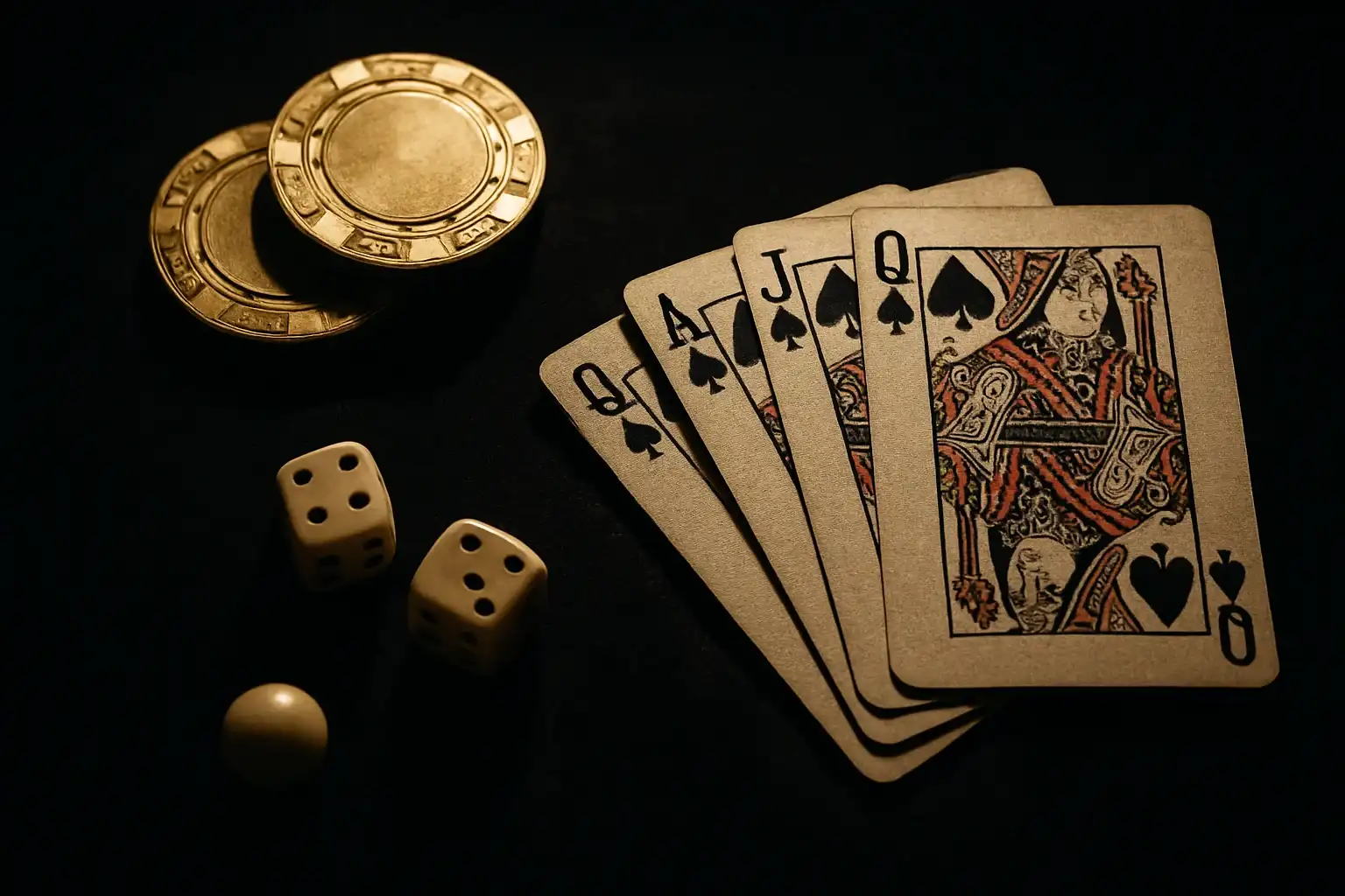 Top-down casino scene with chips, cards, dice, and roulette ball