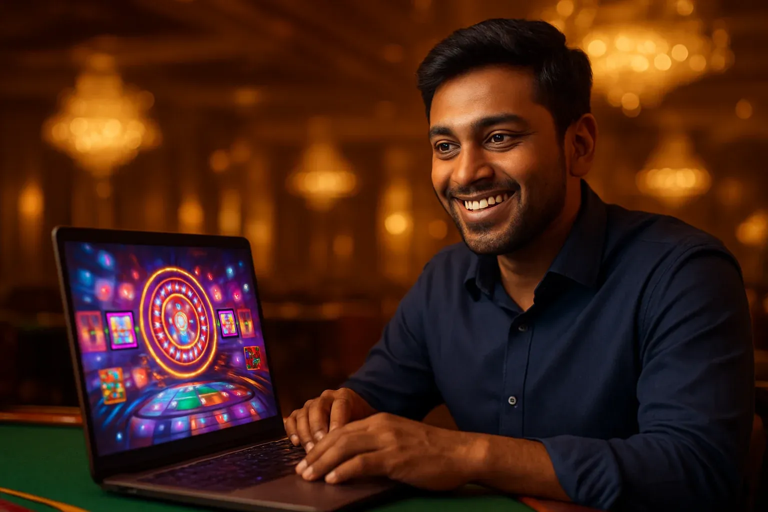 Cheerful Bangladeshi man with open laptop showing colorful casino interface