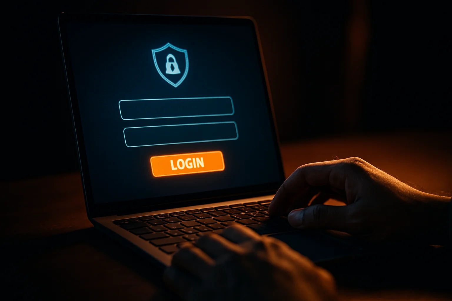 Bangladeshi man's hands on laptop showing stylized login form