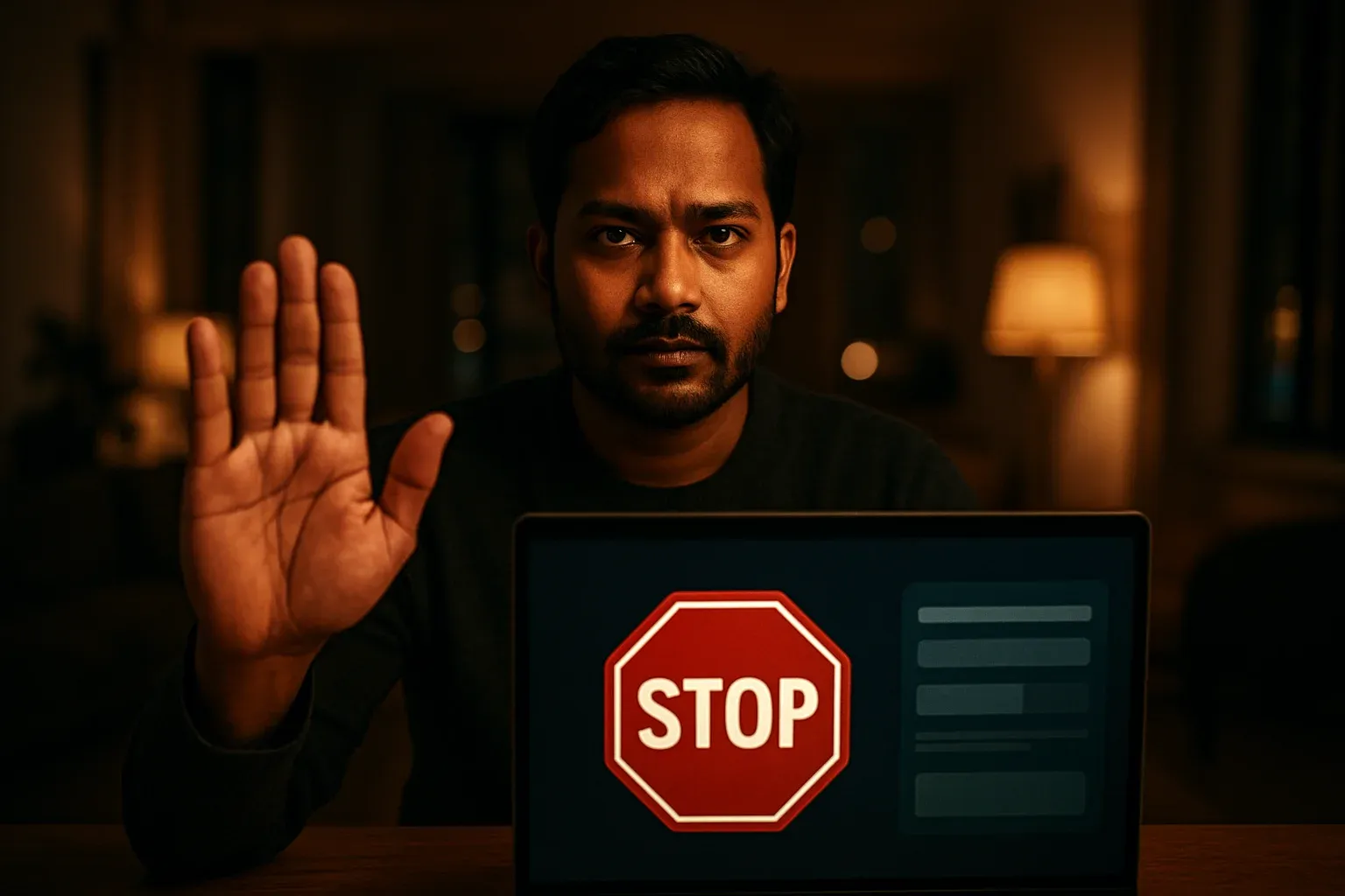 Bangladeshi man shows stop gesture beside laptop with responsible gambling controls