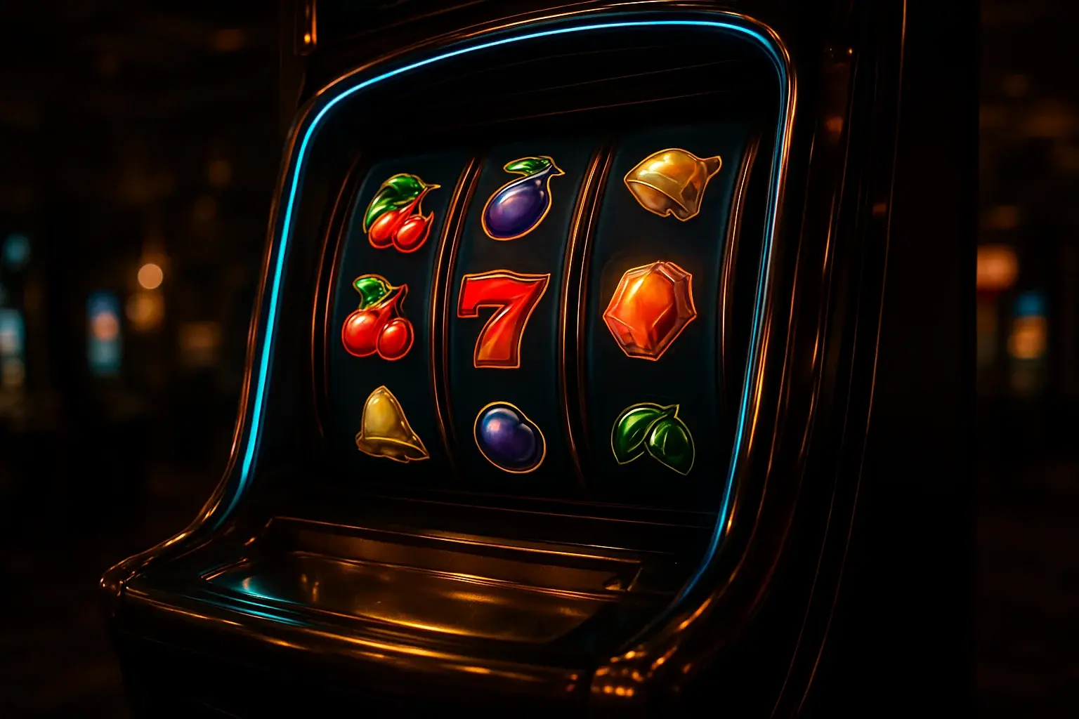 Hyperrealistic premium slot machine with three vertical reels in luxury casino